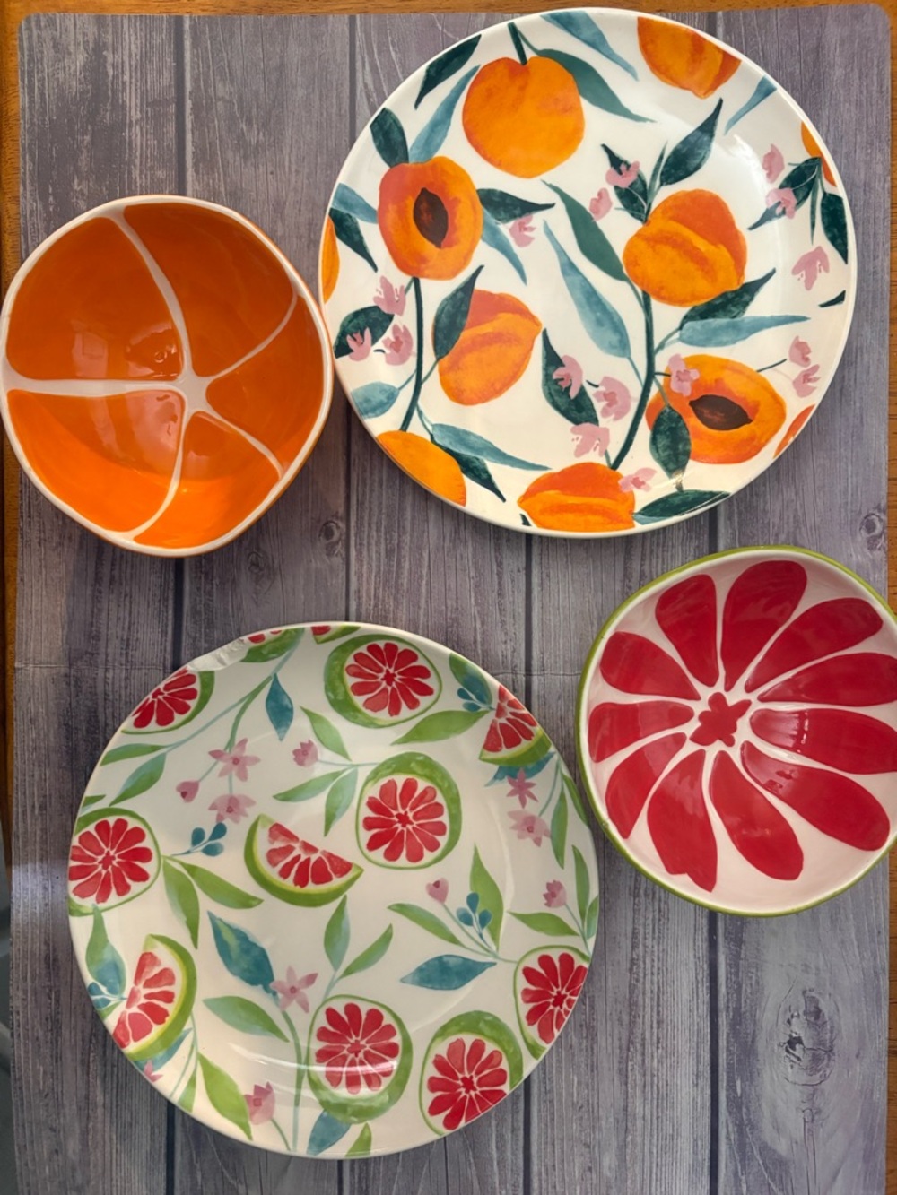 Hand-Painted Citrus Floral Melamine Plate and Bowl Set - Orange & Red